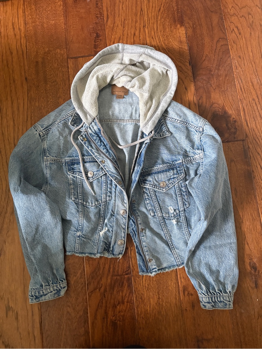 Women’s Light Blue Denim Cropped Jacket with Gray Hood